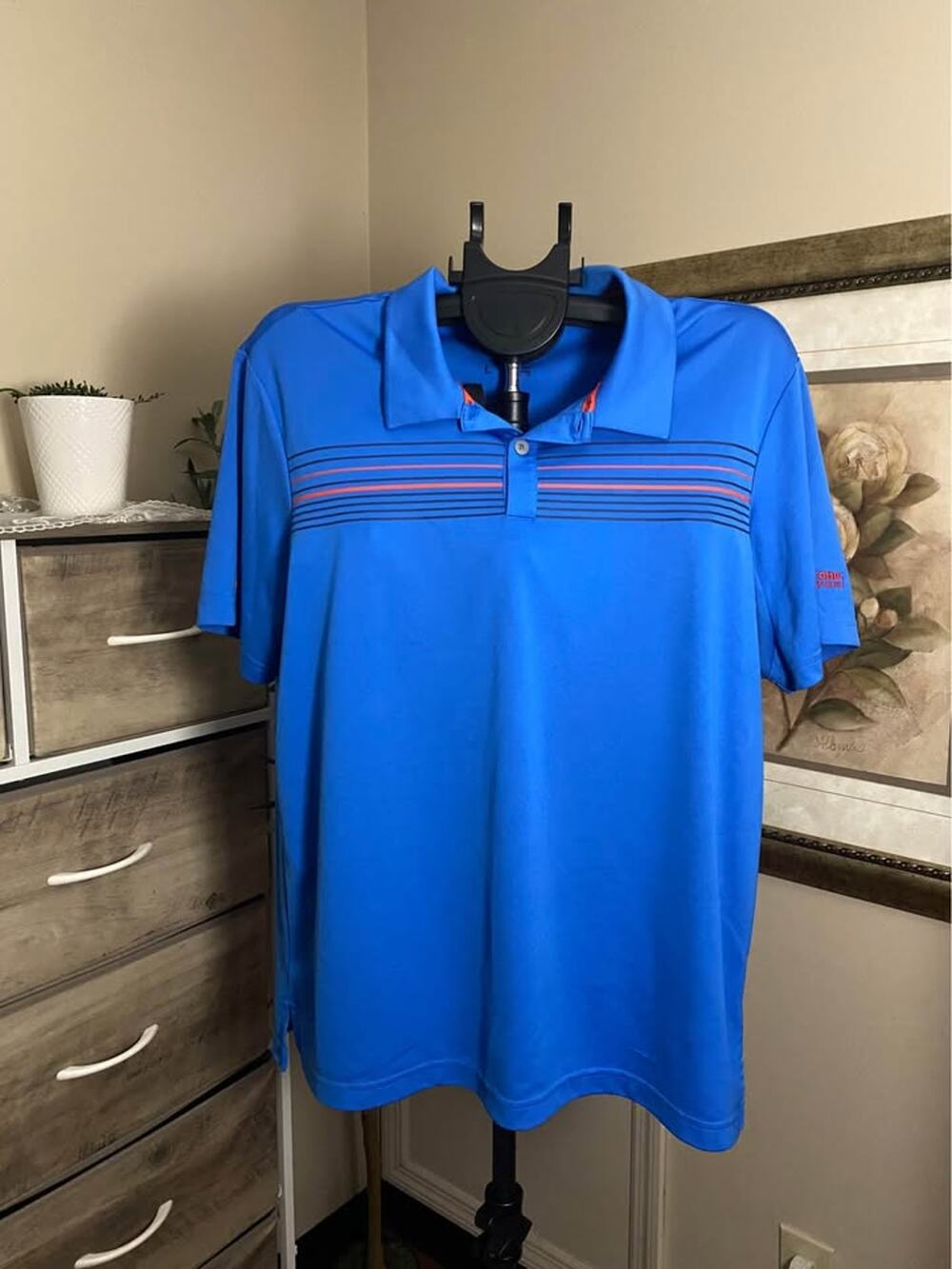Adidas Climacool Blue Men's Shirt with Orange and Black Horizontal Lines--Large